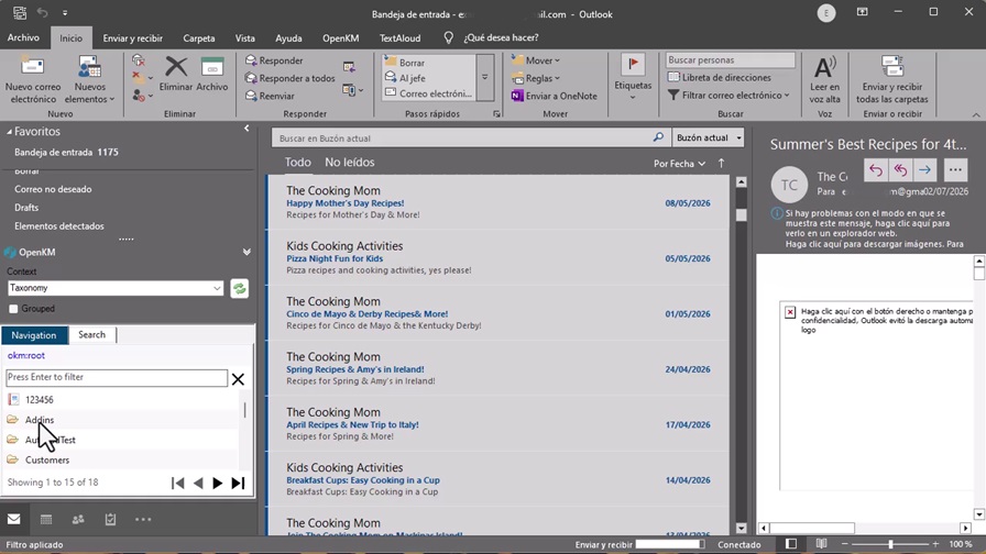 The Outlook add-in replaces the old folder tree with paginated navigation and search.